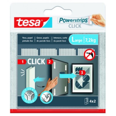 BLISTER TIRAS ADHESIVAS CUELGA OBJETOS POWERSTRIPS CLIK 7,2KG  4 PARES 85X20MM "L" TESA 77722-00001-00 (Espera 4 dias)