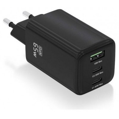 AISENS - CARGADOR GaN 65W, 2xUSB-C PD3.0 QC4.0, 1xUSB-A QC3.0, NEGRO